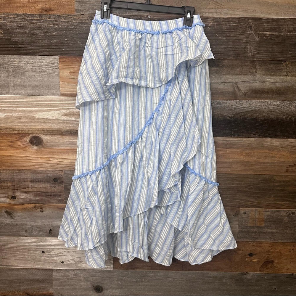 Anthropology Moon River Women Tiered Ruffle Striped Cotton Maxi Skirt Blue Small